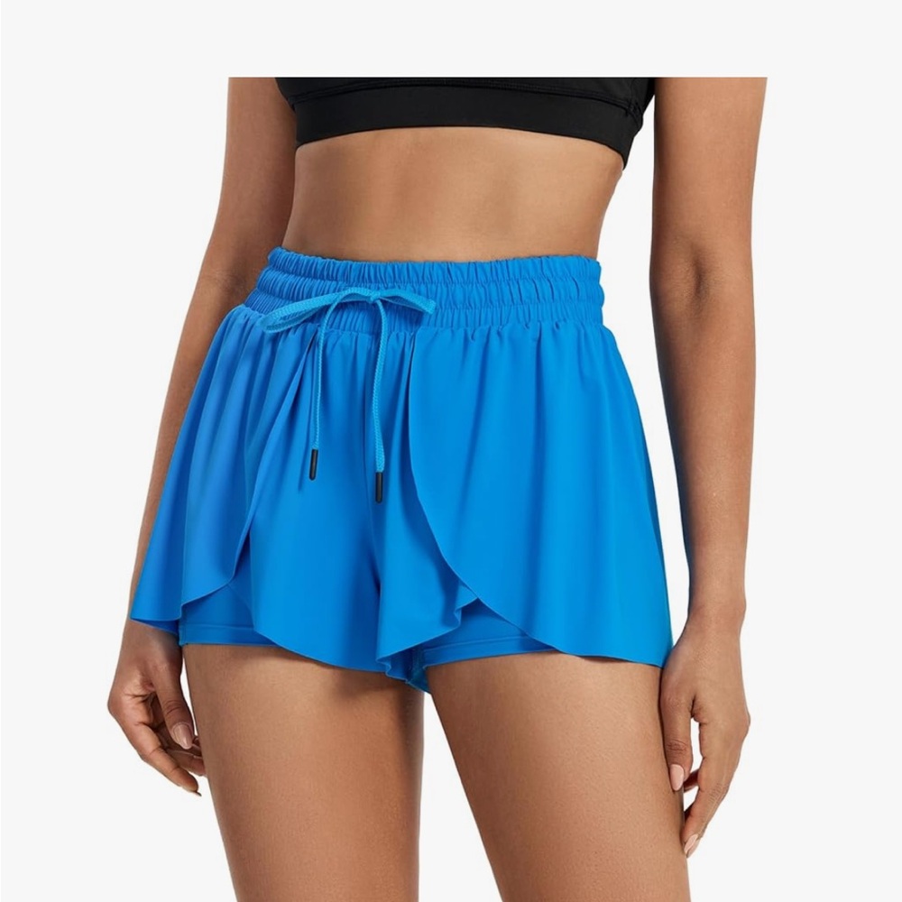 Vibrant Blue Athletic Shorts with Ruffle Hem and Drawstring Waist